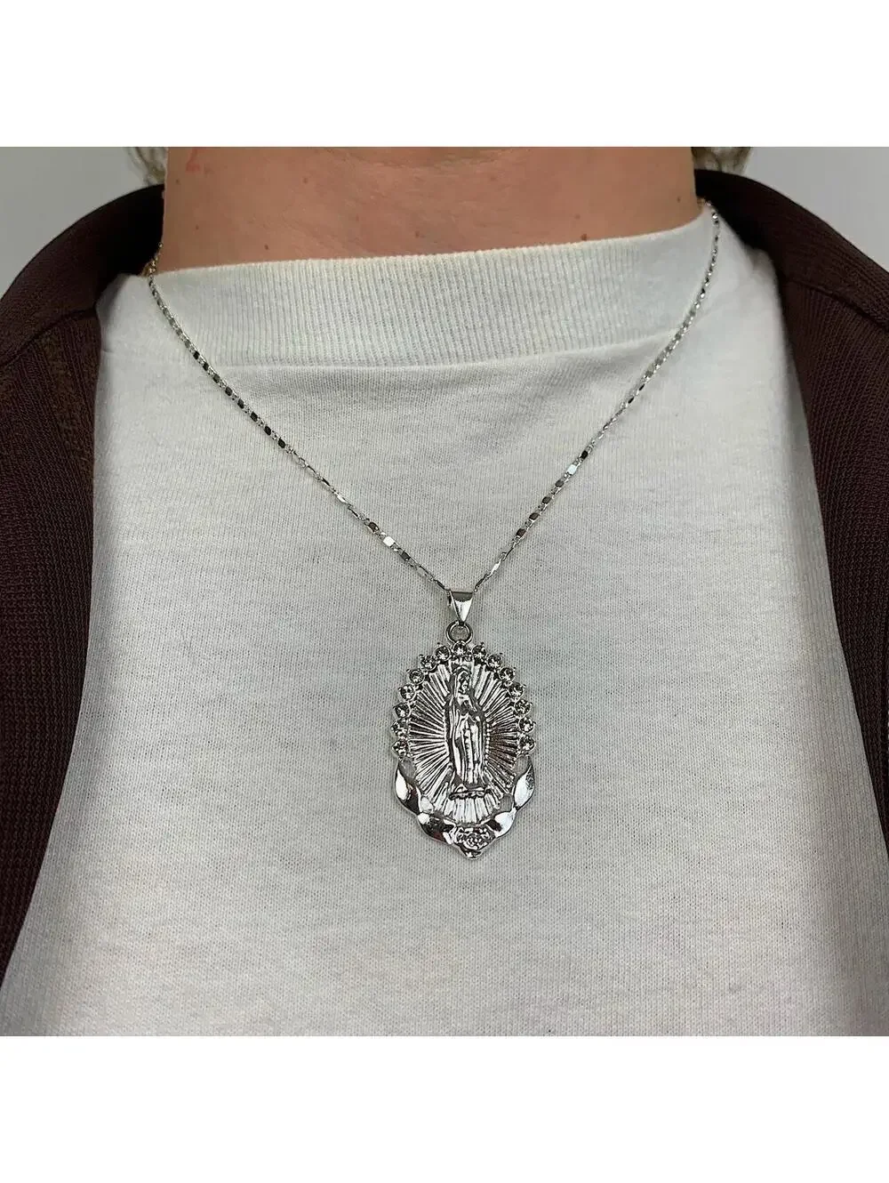 Silver Saint Marry rhinestone pendant y2k 90s style necklace chain. Grunge punk